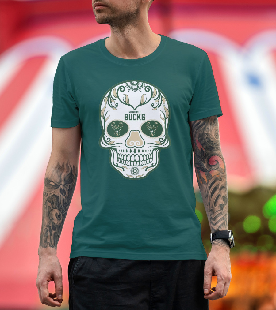 Milwaukee Bucks Skull Deer Logo Floral T-Shirt