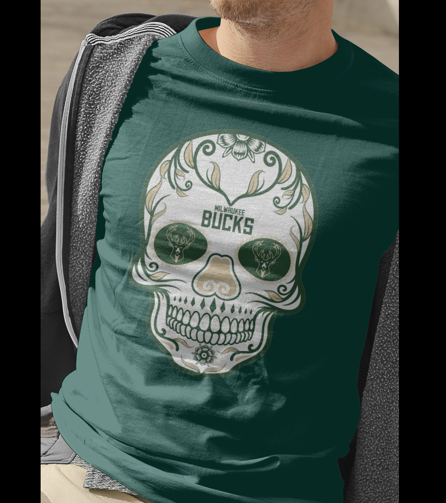 Milwaukee Bucks Skull Deer Logo Floral T-Shirt