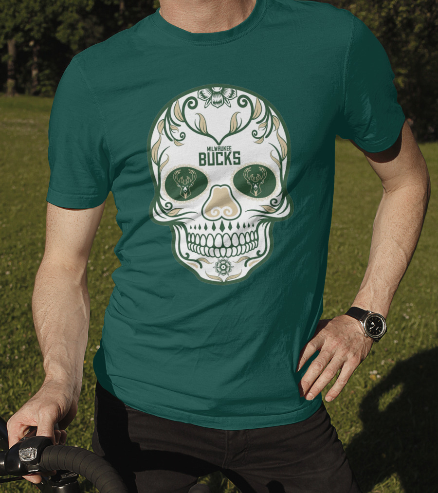 Milwaukee Bucks Skull Deer Logo Floral T-Shirt