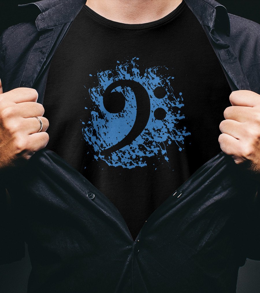 Bass Clef On Blue Splatter Background T-Shirt