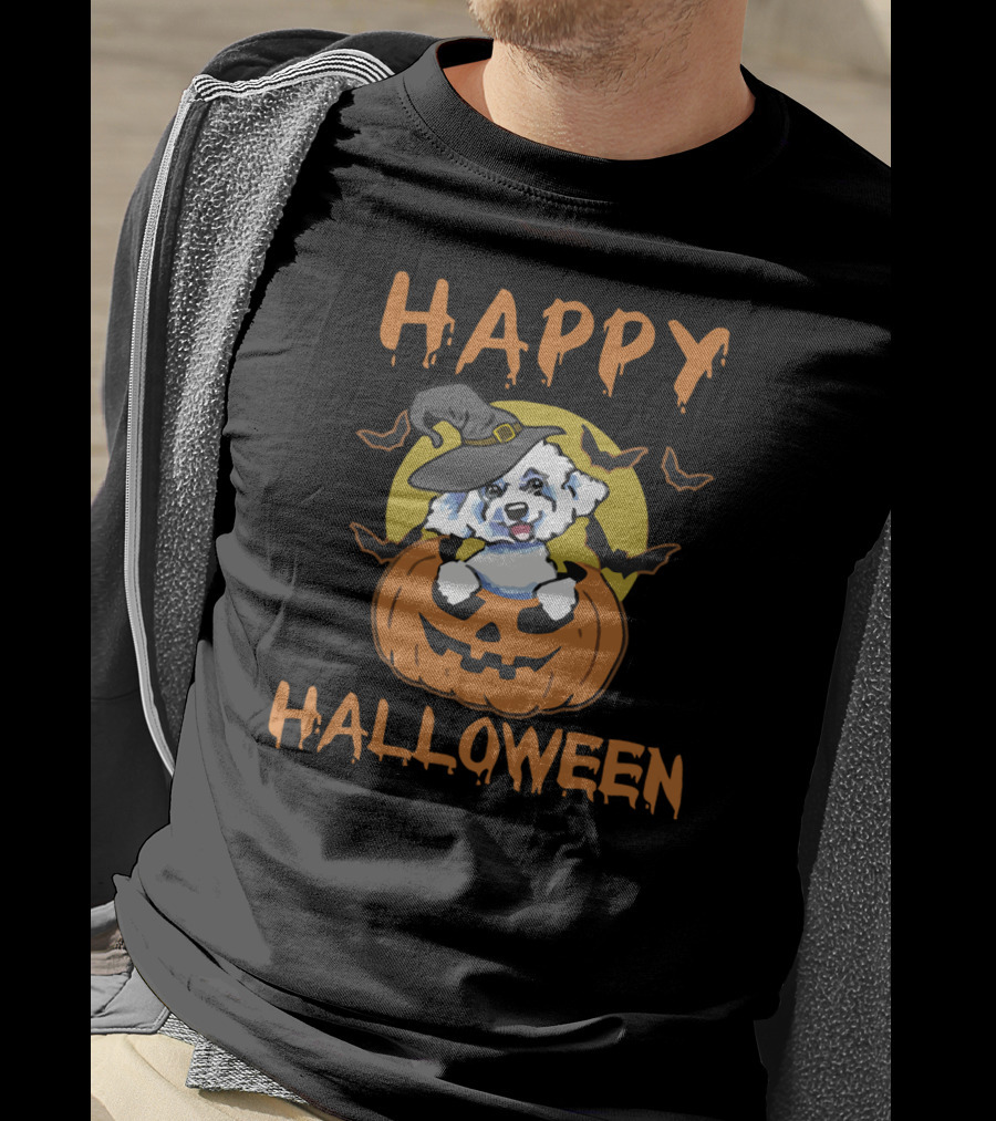 Happy Halloween Bichon Frise Pumpkin Witch Hat T-Shirt
