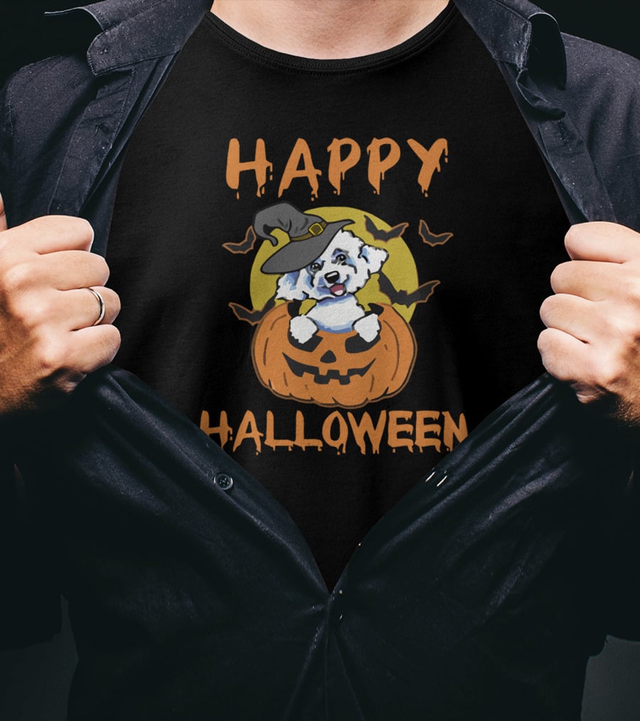 Happy Halloween Bichon Frise Pumpkin Witch Hat T-Shirt