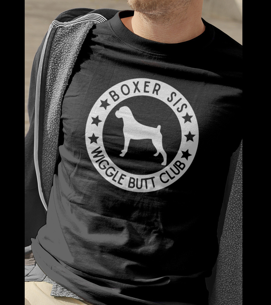 Boxer Sis Wiggle Butt Club Dog Silhouette Circle With Stars T-Shirt