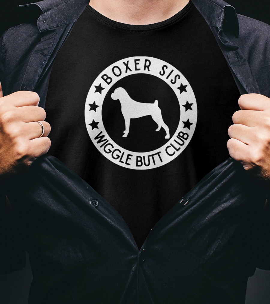 Boxer Sis Wiggle Butt Club Dog Silhouette Circle With Stars T-Shirt