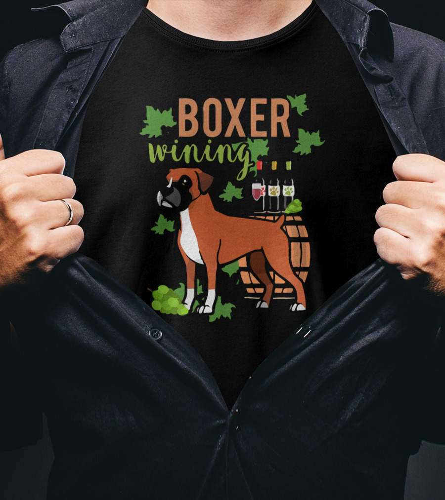 Boxer Wining Grapes And Wine Barrel Dog T-Shirt