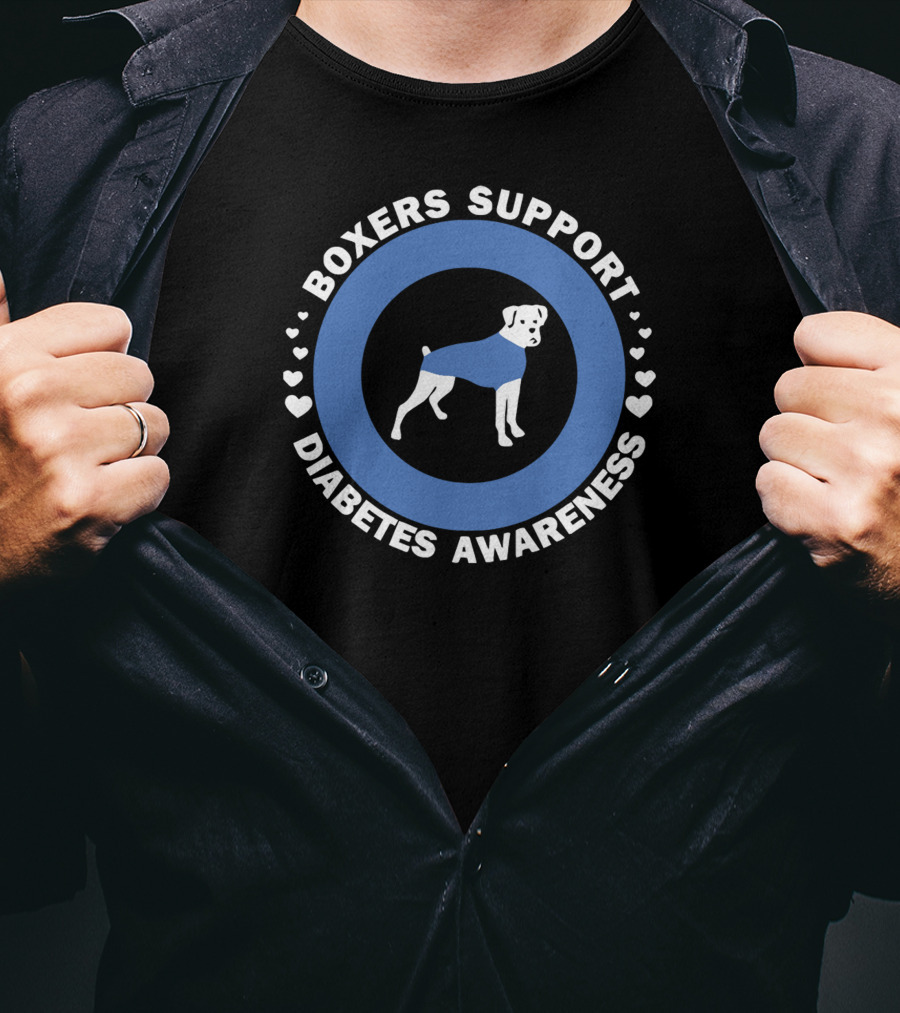 Boxers Support Diabetes Awareness With Heart Symbols And Boxer In Blue Circle T-Shirt