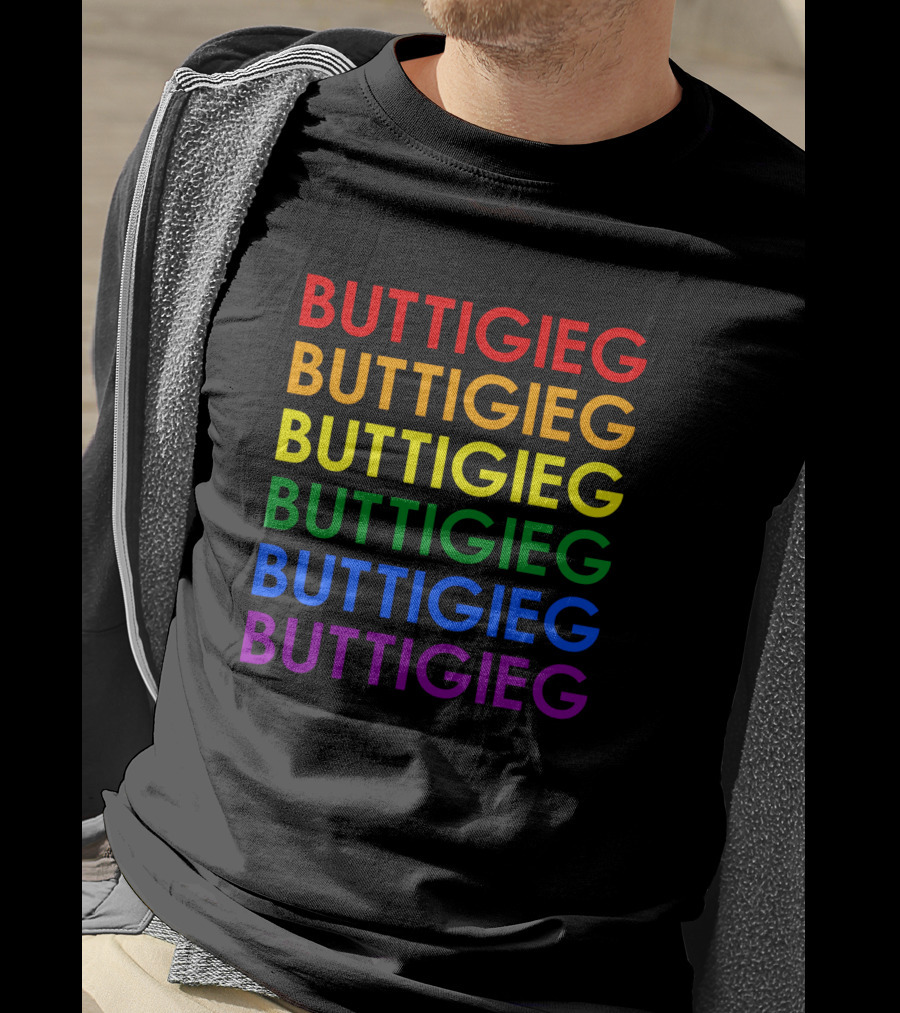 BUTTIGIEG Rainbow Pride Colors Text T-Shirt