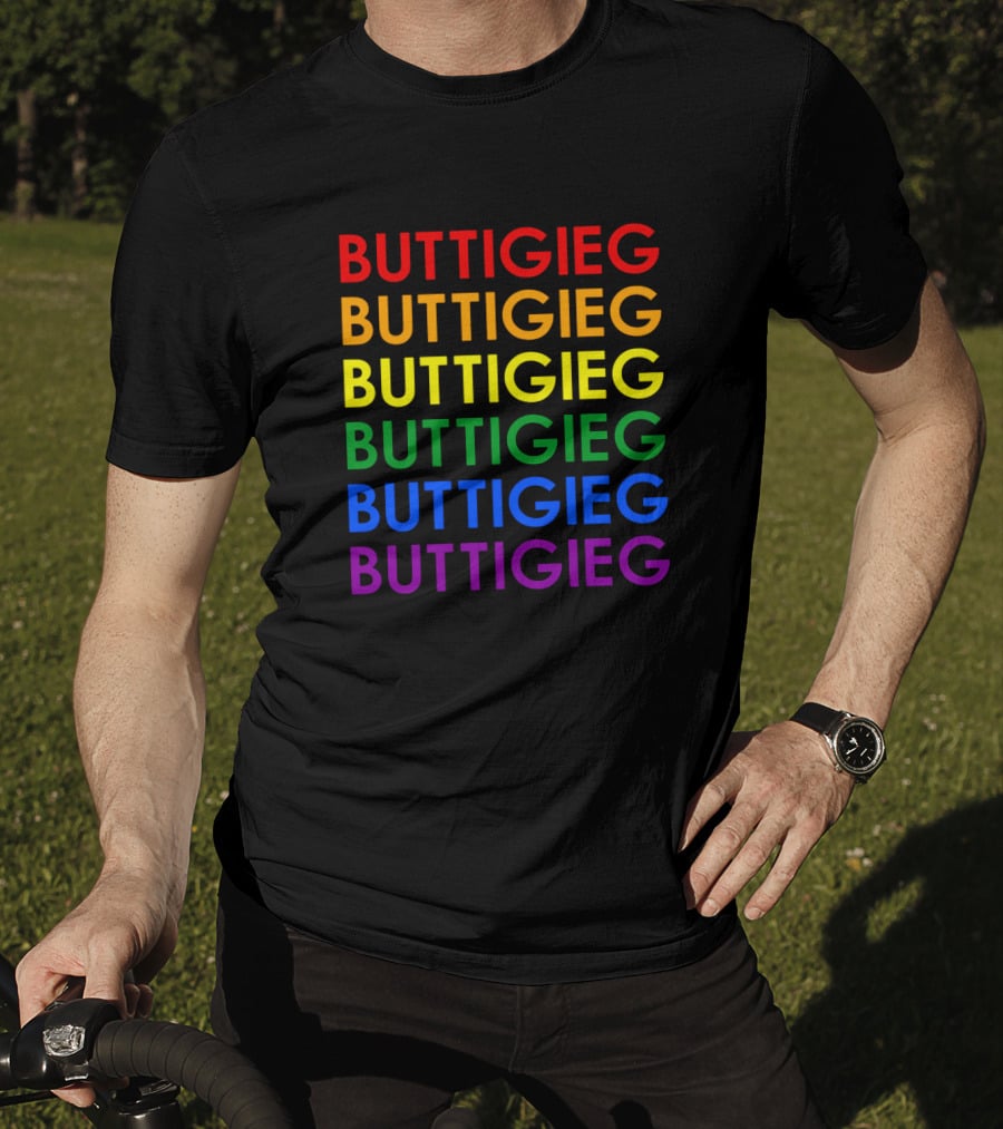 BUTTIGIEG Rainbow Pride Colors Text T-Shirt