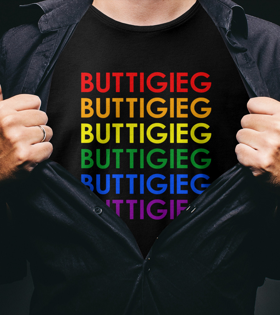 BUTTIGIEG Rainbow Pride Colors Text T-Shirt