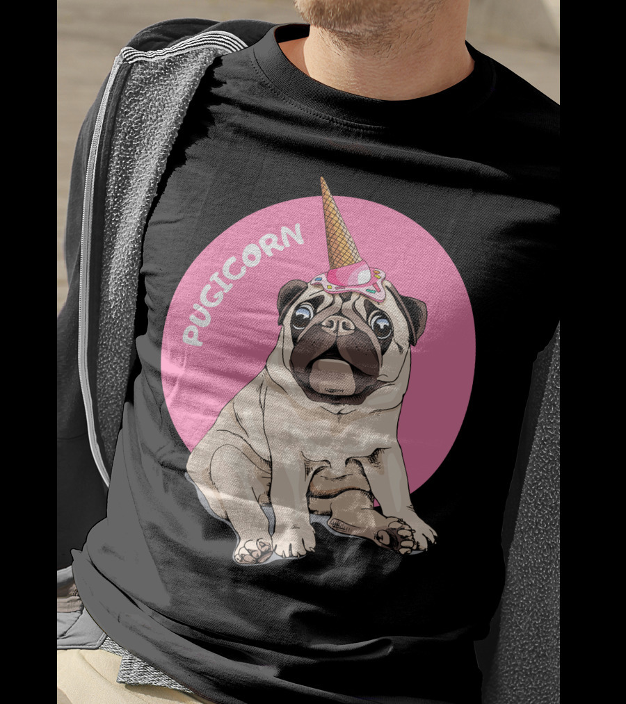 Pugicorn Ice Cream Cone Hat Sitting Pug Pink Circle T-Shirt
