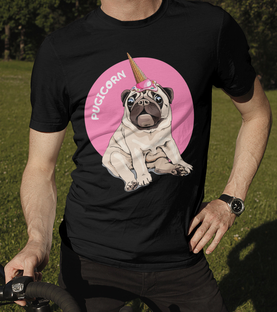 Pugicorn Ice Cream Cone Hat Sitting Pug Pink Circle T-Shirt
