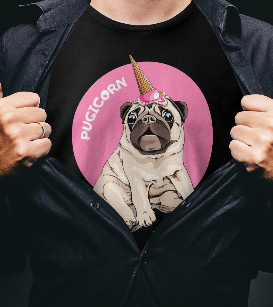 Pugicorn Ice Cream Cone Hat Sitting Pug Pink Circle T-Shirt