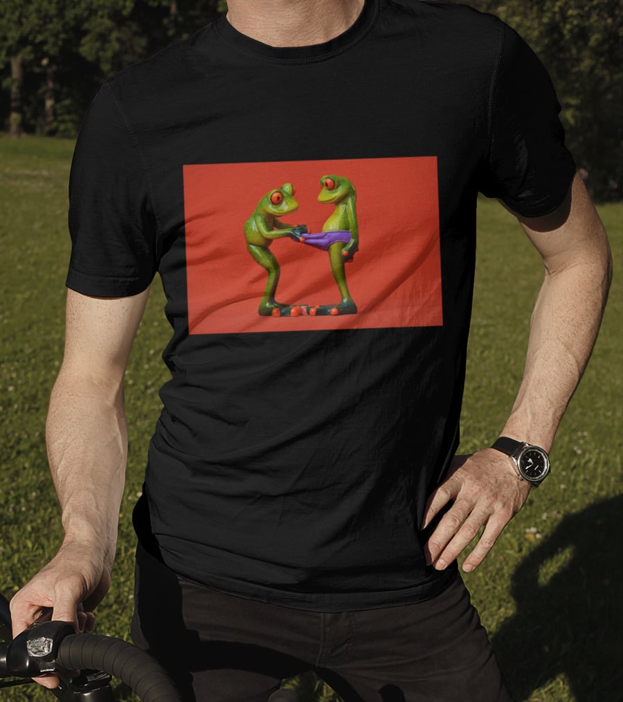 Quite Frog Green Figurines On Red Background With Purple Shorts T-Shirt