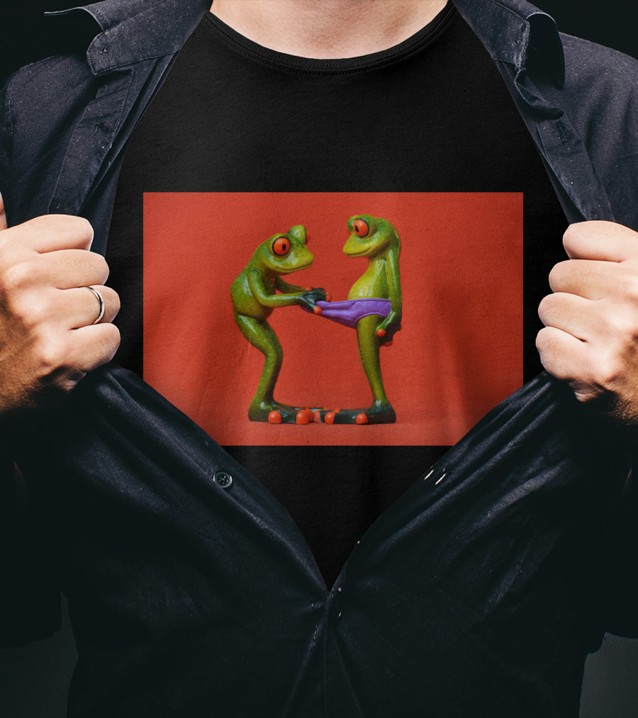 Quite Frog Green Figurines On Red Background With Purple Shorts T-Shirt