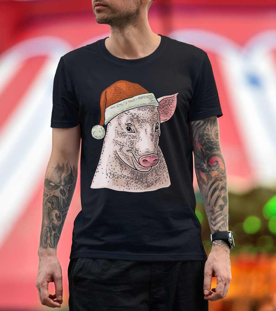 Pig in Santa Claus Cap Christmas T-Shirt