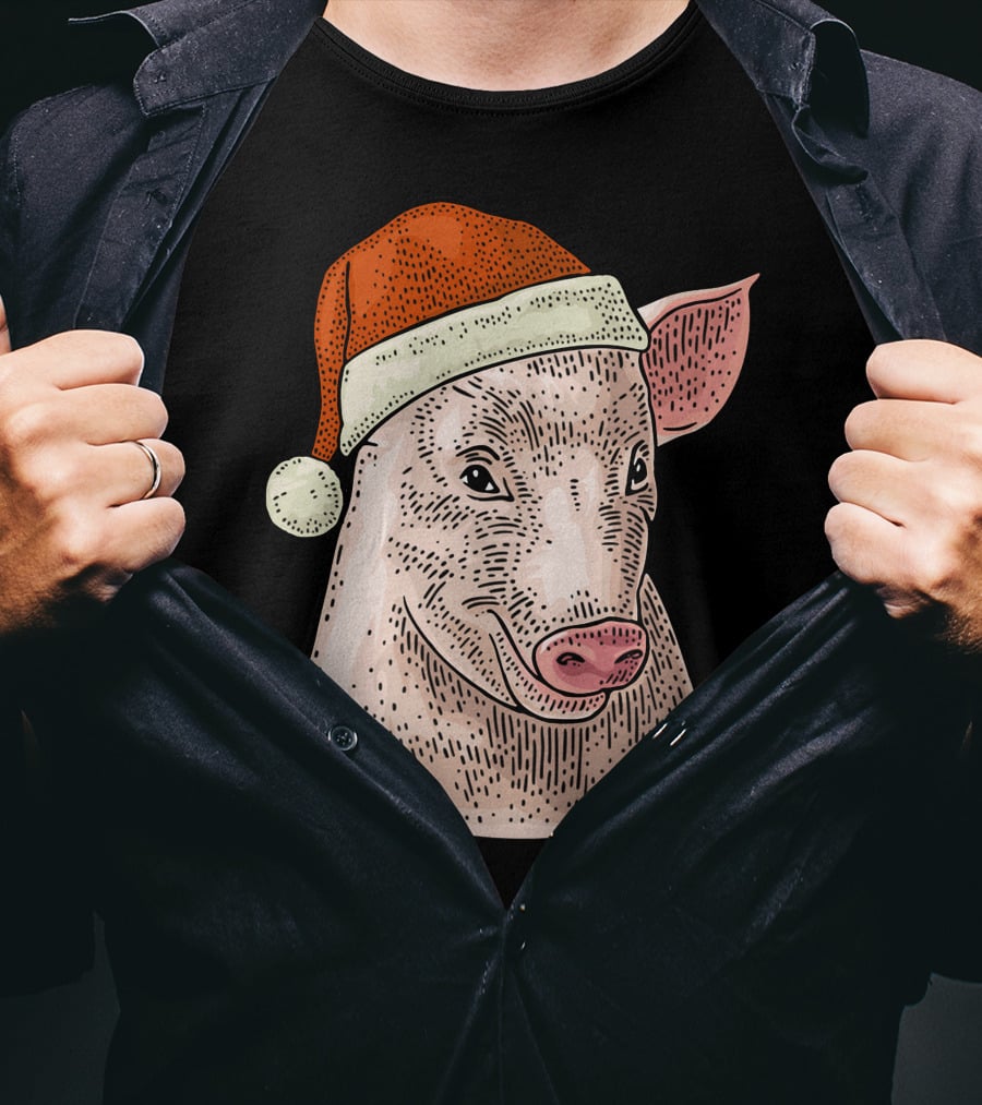 Pig In Santa Claus Cap Christmas T-Shirt