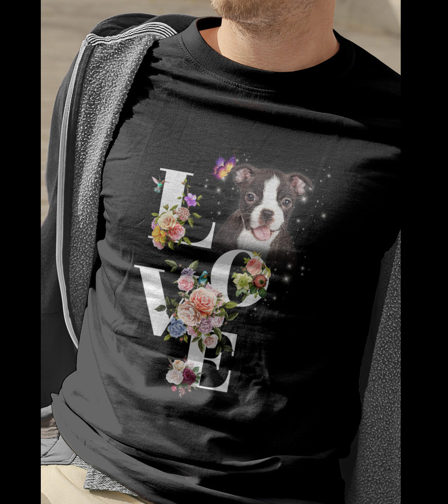 LOVE Boston Terrier Floral Butterfly T-Shirt