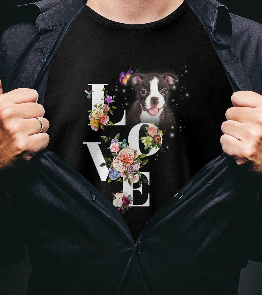 LOVE Boston Terrier Floral Butterfly T-Shirt