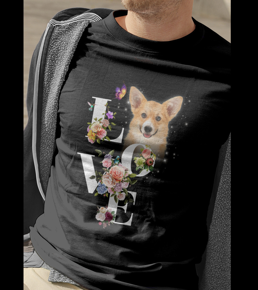 Love Corgi Floral Butterflies Sparkle T-Shirt