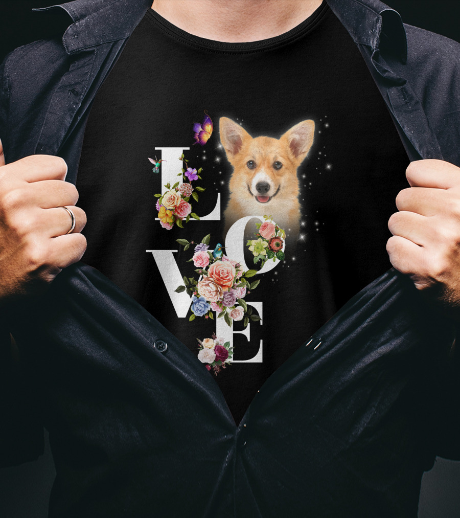 Love Corgi Floral Butterflies Sparkle T-Shirt