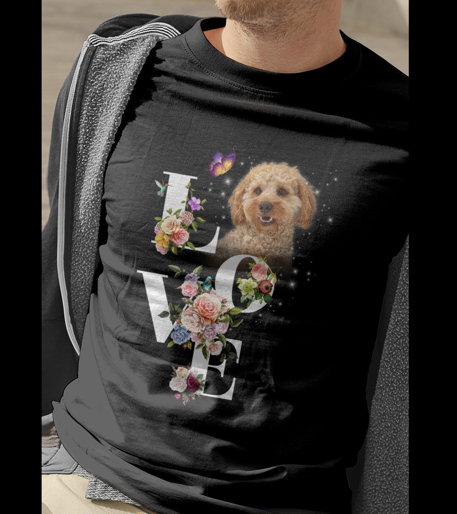 LOVE Goldendoodle Floral Butterfly Sparkle T-Shirt