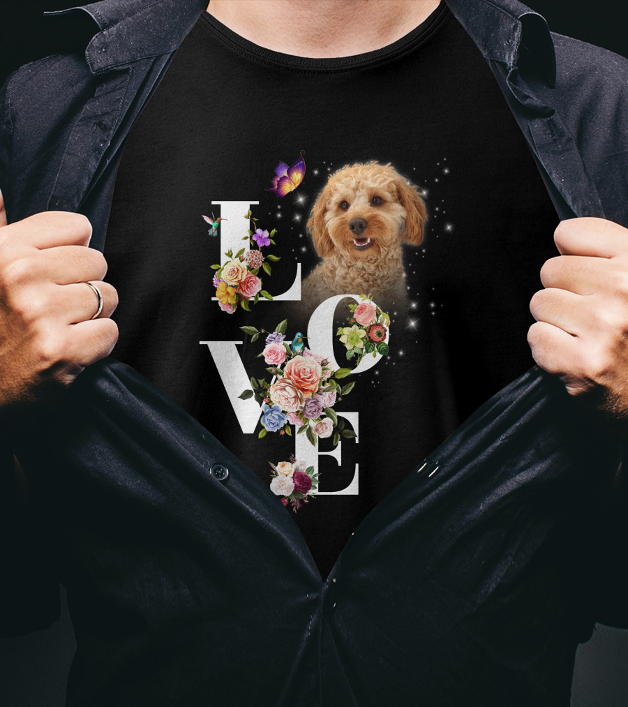 LOVE Goldendoodle Floral Butterfly Sparkle T-Shirt