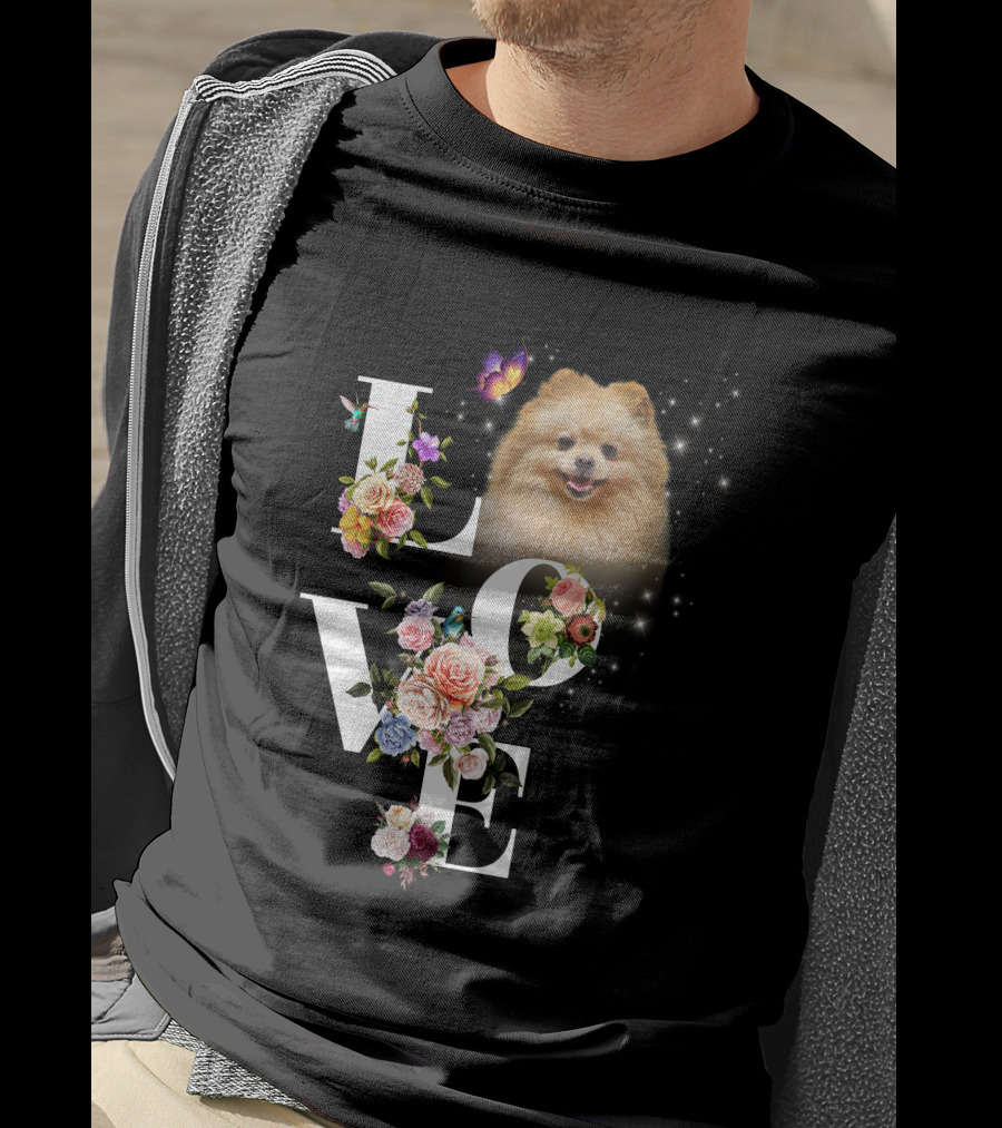 LOVE Pomeranian With Flowers And Butterfly T-Shirt