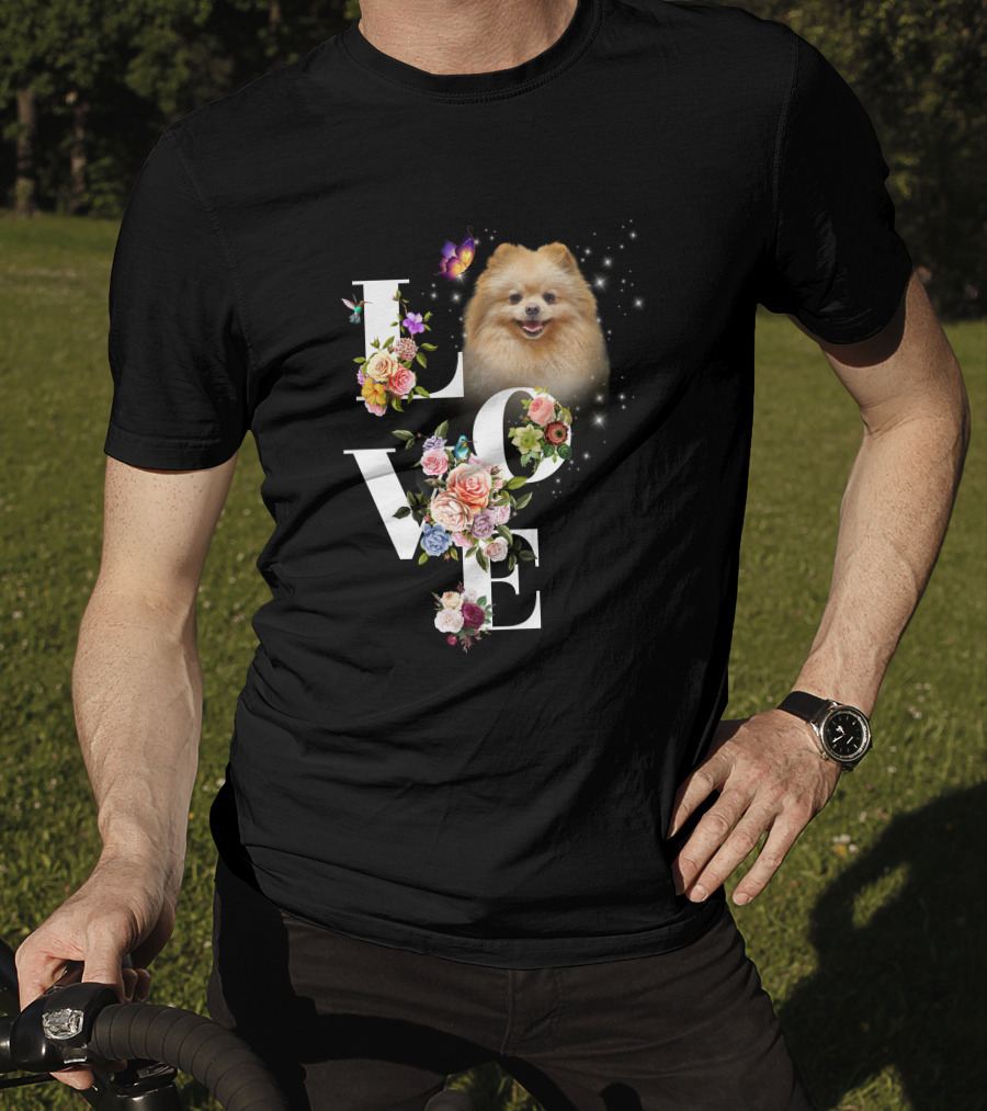 LOVE Pomeranian With Flowers And Butterfly T-Shirt