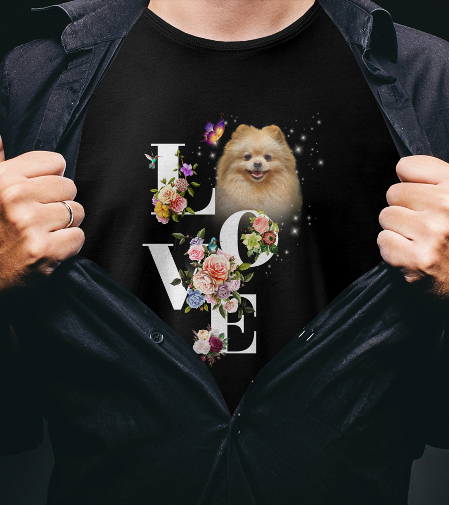 LOVE Pomeranian With Flowers And Butterfly T-Shirt