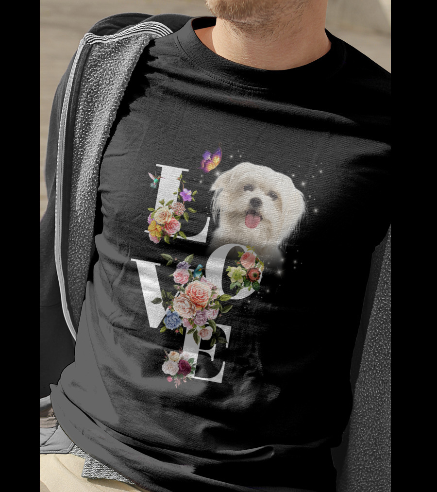 LOVE Maltese Dog Floral Butterfly T-Shirt