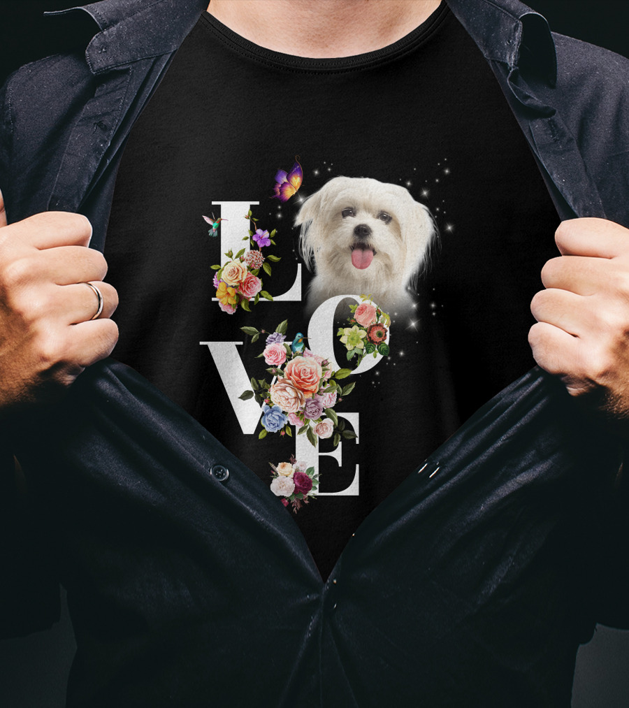 LOVE Maltese Dog Floral Butterfly T-Shirt