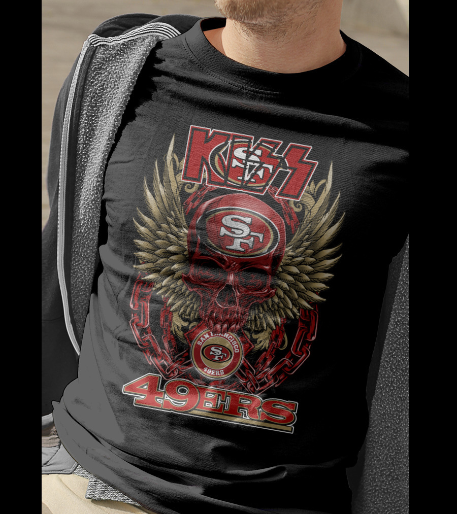 Kiss Nfl San Francisco 49ers Skull With Wings And Chains Football Theme T-Shirt