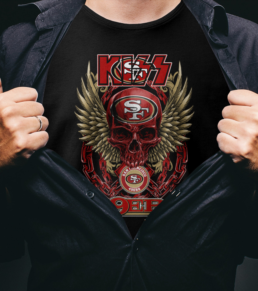 Kiss Nfl San Francisco 49ers Skull With Wings And Chains Football Theme T-Shirt