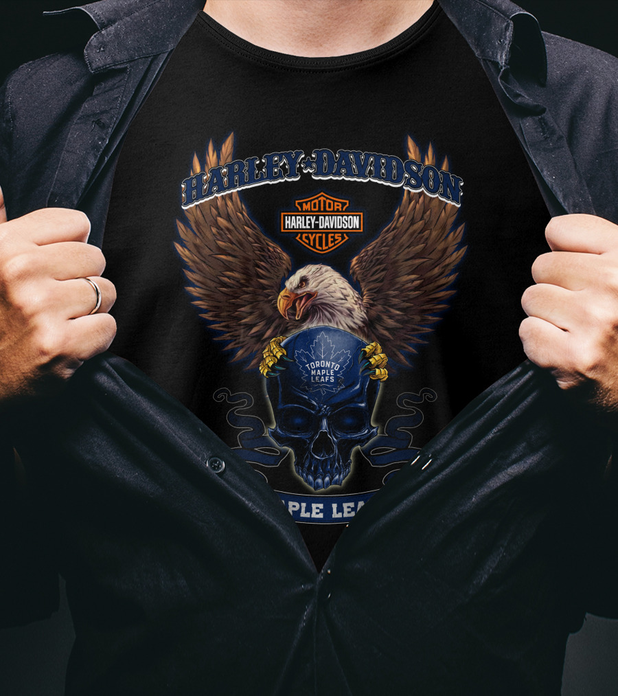 Harley Davidson Motor Cycles Toronto Maple Leafs Eagle Skull T-Shirt