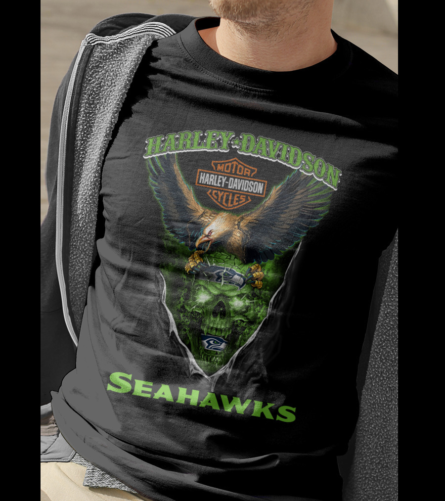 Harley Davidson Motor Cycles Seattle Seahawks Eagle Skull T-Shirt