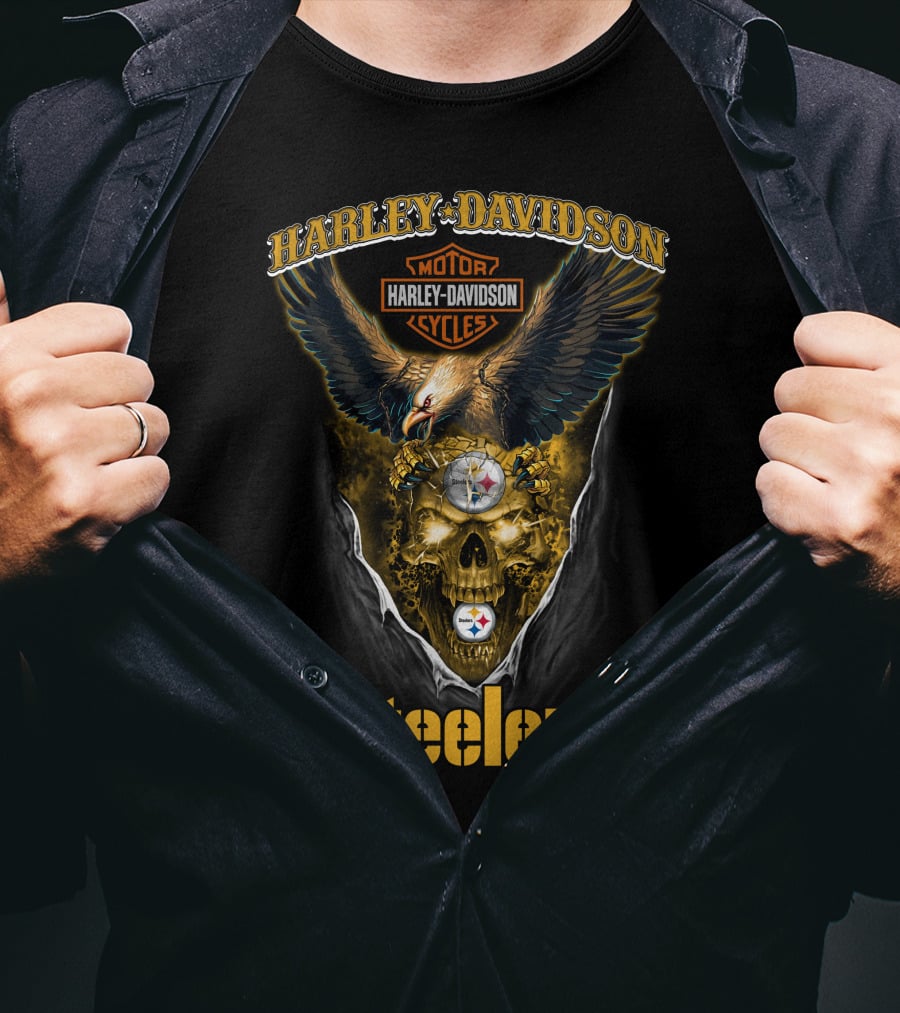 Harley Davidson Motor Cycles Pittsburgh Steelers Eagle Skull Nfl T-Shirt