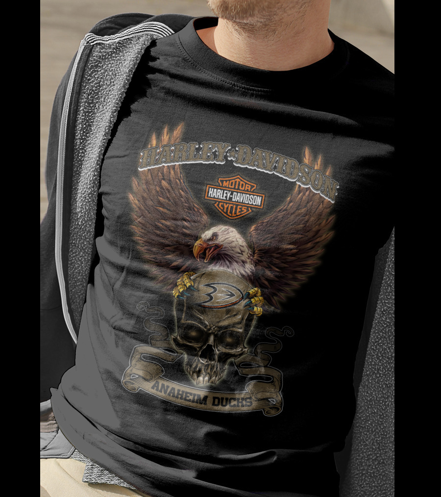 Harley Davidson Motor Cycles Anaheim Ducks Eagle Skull T-Shirt