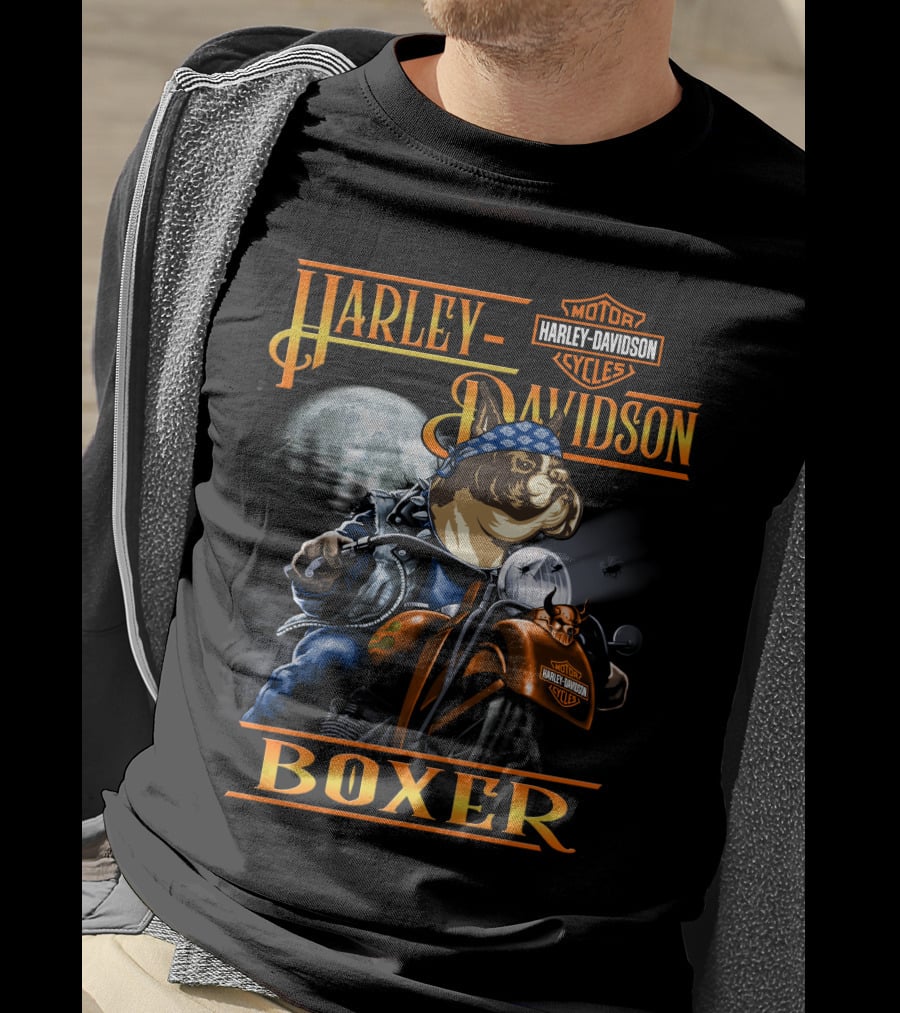 Harley Davidson Motorcycles Boxer Dog Riding Motorcycle Moon Scene T-Shirt