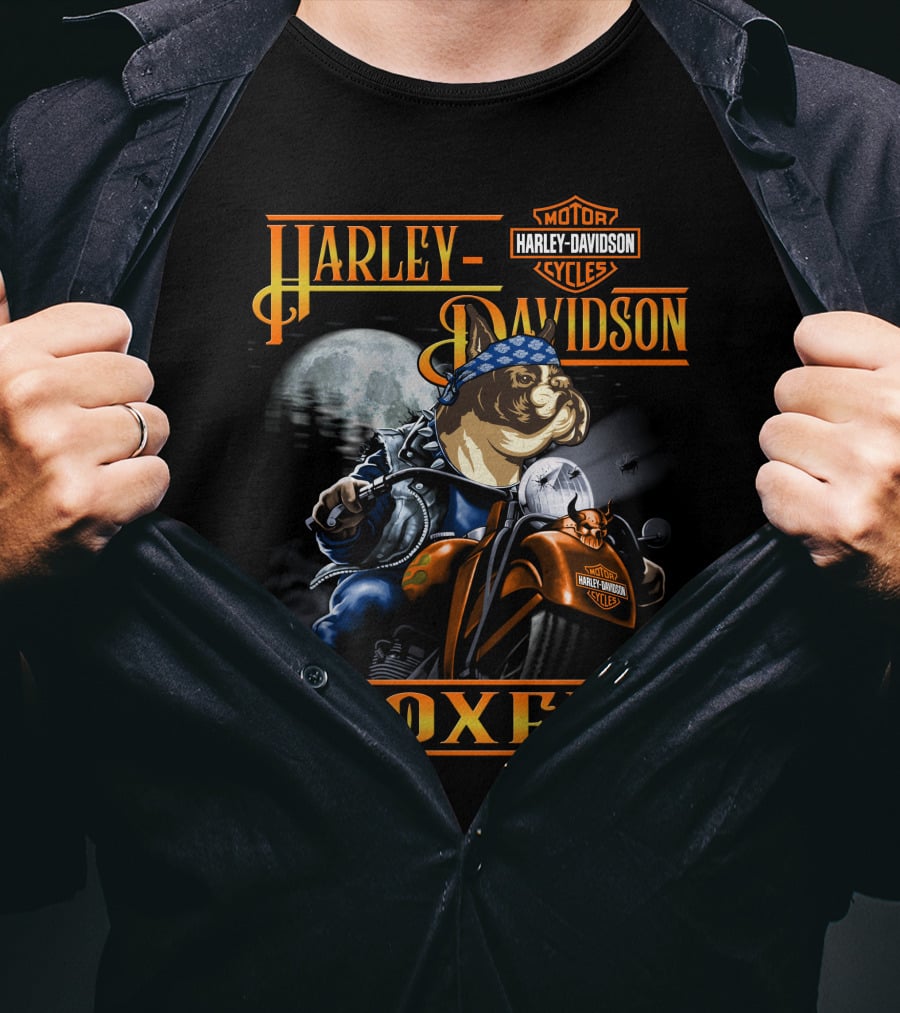 Harley Davidson Motorcycles Boxer Dog Riding Motorcycle Moon Scene T-Shirt
