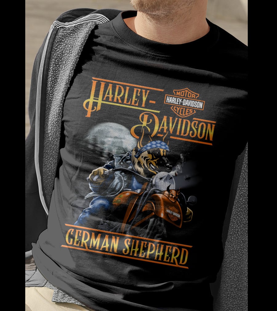 Harley Davidson Motor Cycles German Shepherd Riding Motorcycle Full Moon T-Shirt