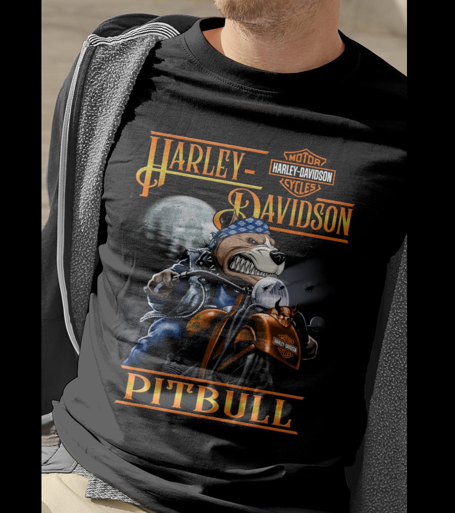 Harley Davidson Pitbull Motorcycle Rider Under Moonlight T-Shirt