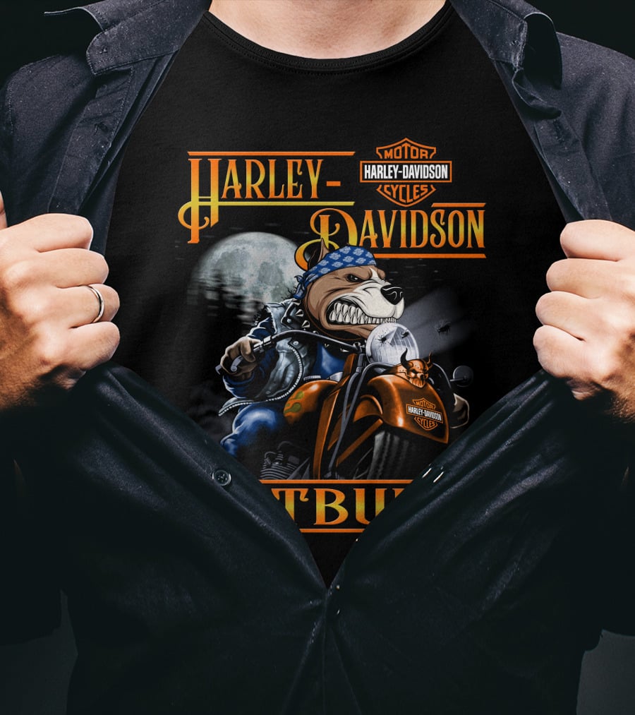 Harley Davidson Pitbull Motorcycle Rider Under Moonlight T-Shirt