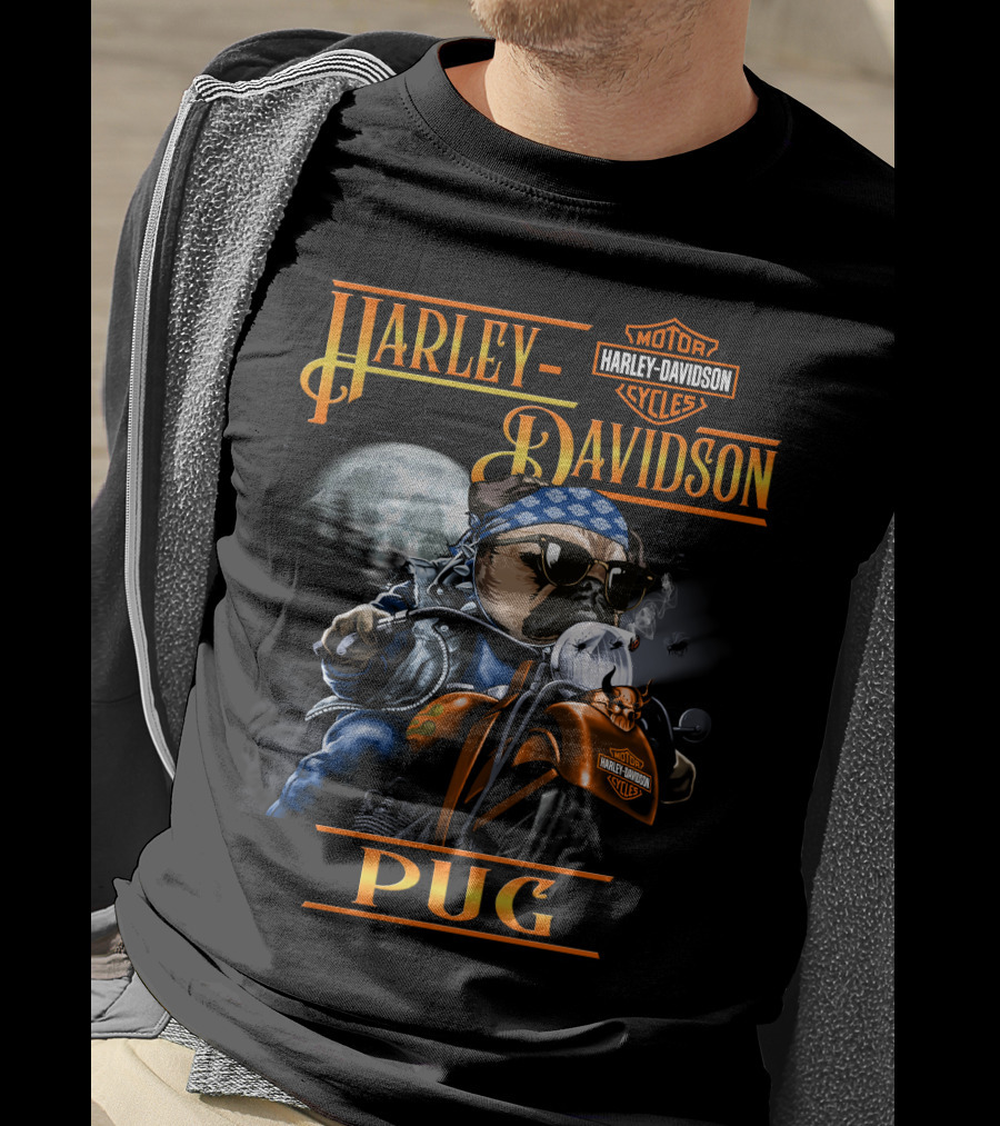 Harley Davidson Motor Cycles Pug Rider Moon Backdrop T-Shirt