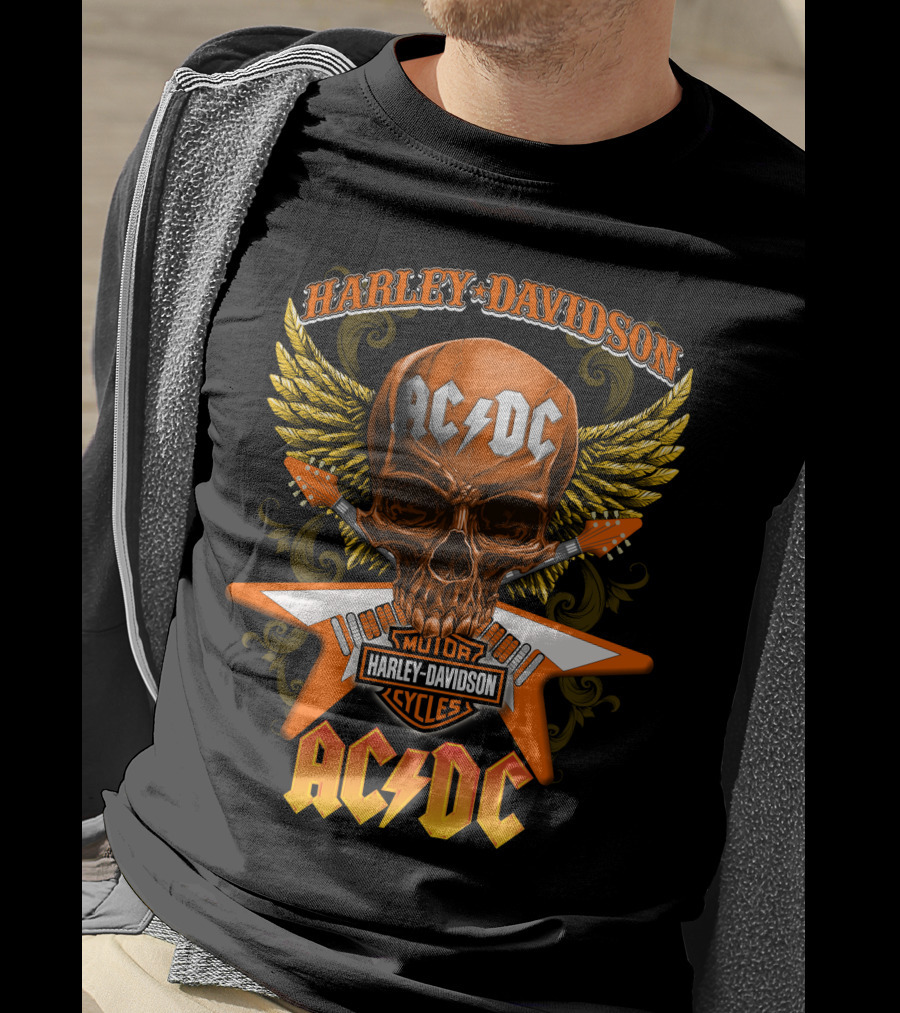 Harley Davidson Ac/Dc Motor Cycles Skull Wings T-Shirt