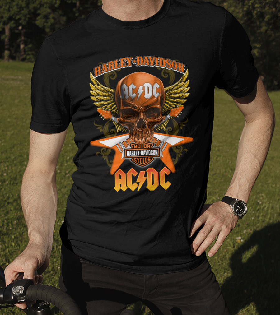 Harley Davidson Ac/Dc Motor Cycles Skull Wings T-Shirt