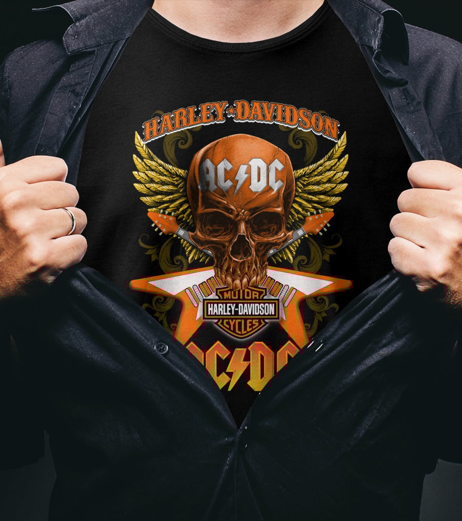 Harley Davidson Ac/Dc Motor Cycles Skull Wings T-Shirt
