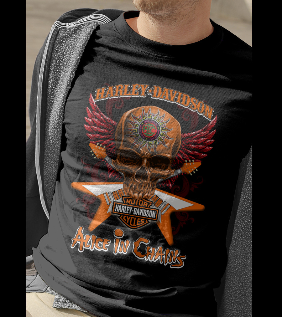 Harley Davidson Motor Cycles Skull Wings Alice In Chains T-Shirt