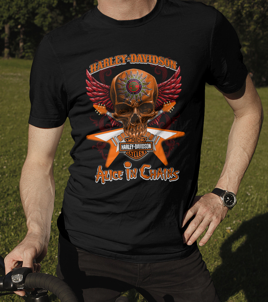 Harley Davidson Motor Cycles Skull Wings Alice In Chains T-Shirt