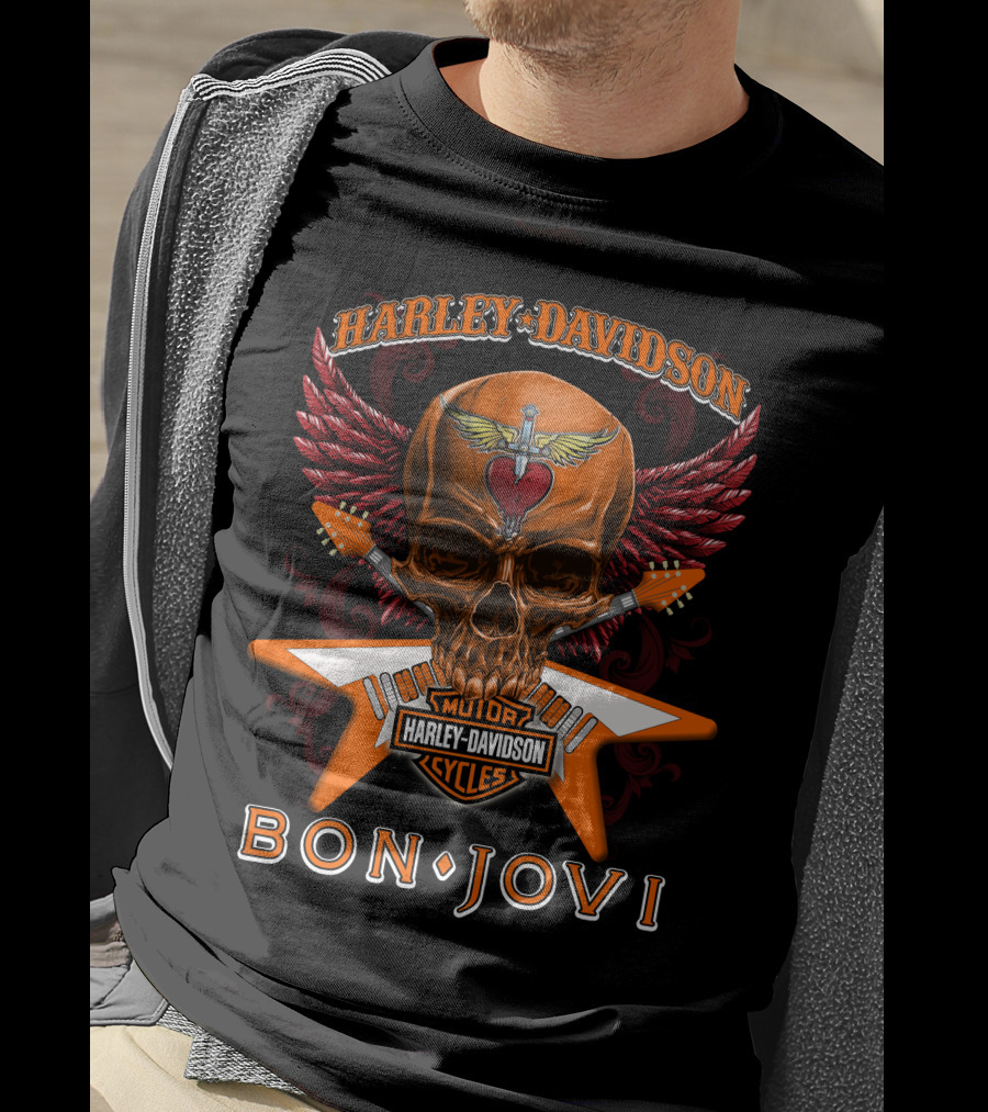 Harley Davidson Bon Jovi Skull Wings Guitar Cycles T-Shirt