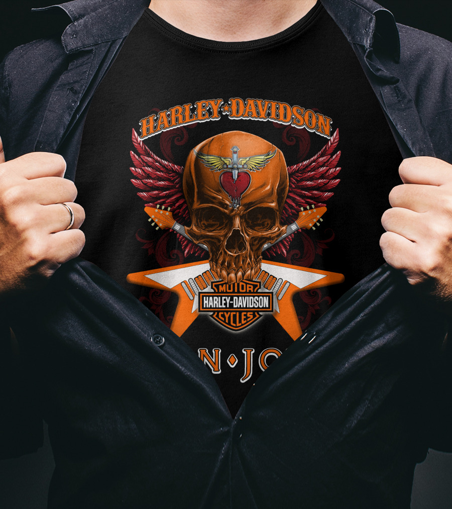 Harley Davidson Bon Jovi Skull Wings Guitar Cycles T-Shirt
